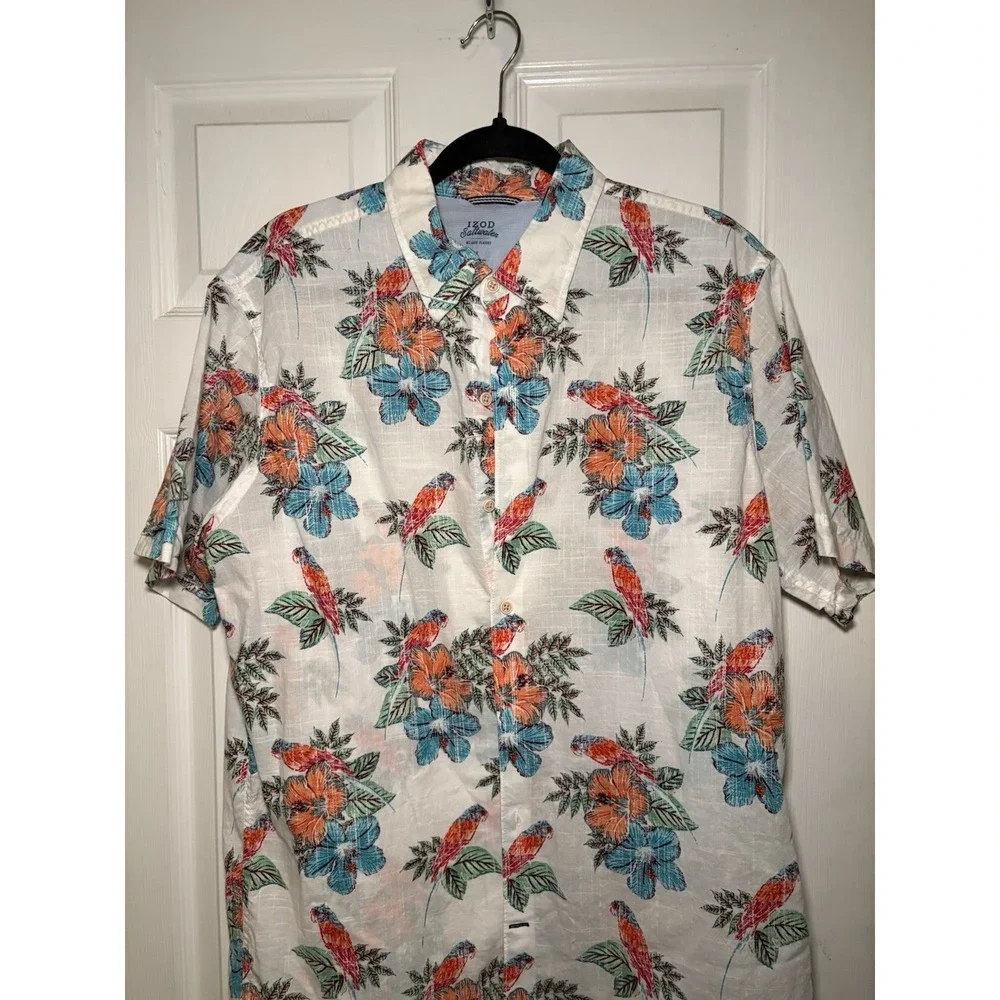 IZOD SALTWATER Men's Parrot Print Short Sleeve Button Front Shirt Size L